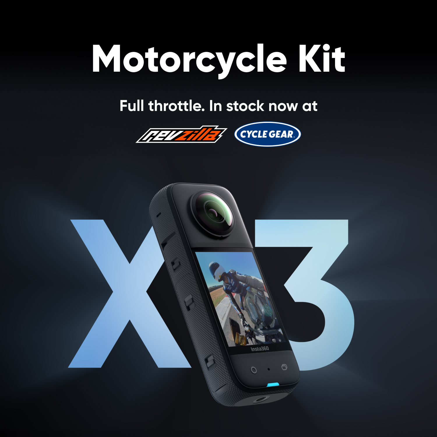 A picture of Insta360's X3 announcing a partnership with Comoto and Revzilla, Cycle Gear.